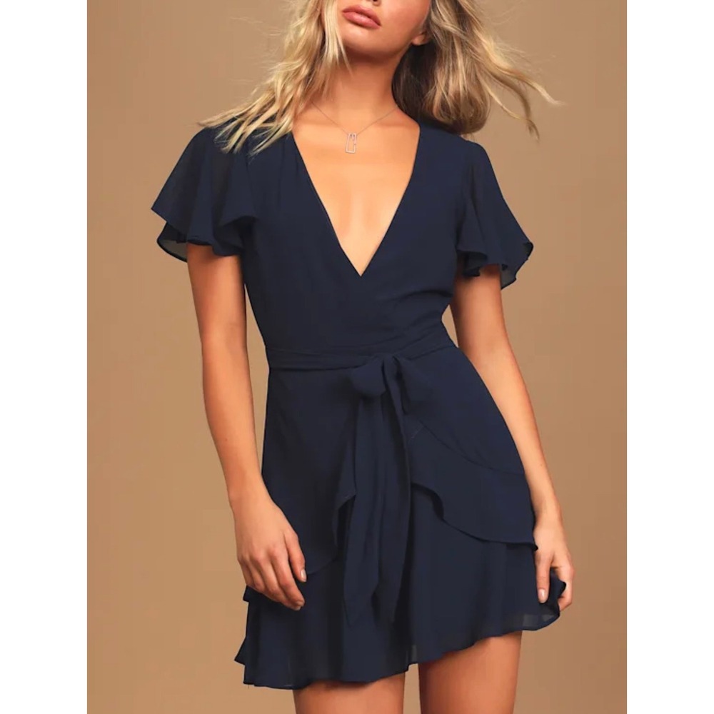Lulus Sweet Like You Navy Ruffled Mini Dress Flutter Sleeve XS 2912